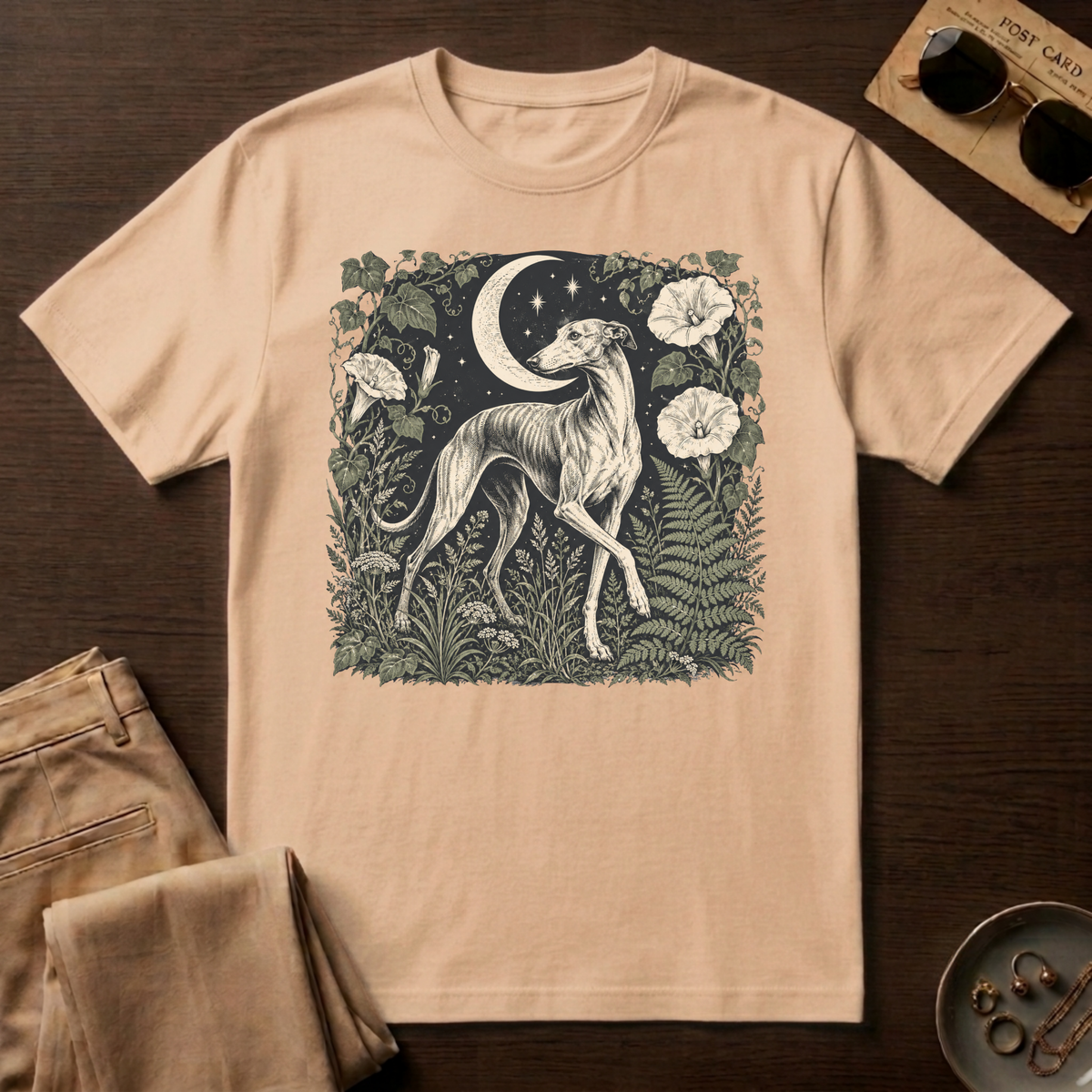 Greyhound Under Crescent Moon T-Shirt