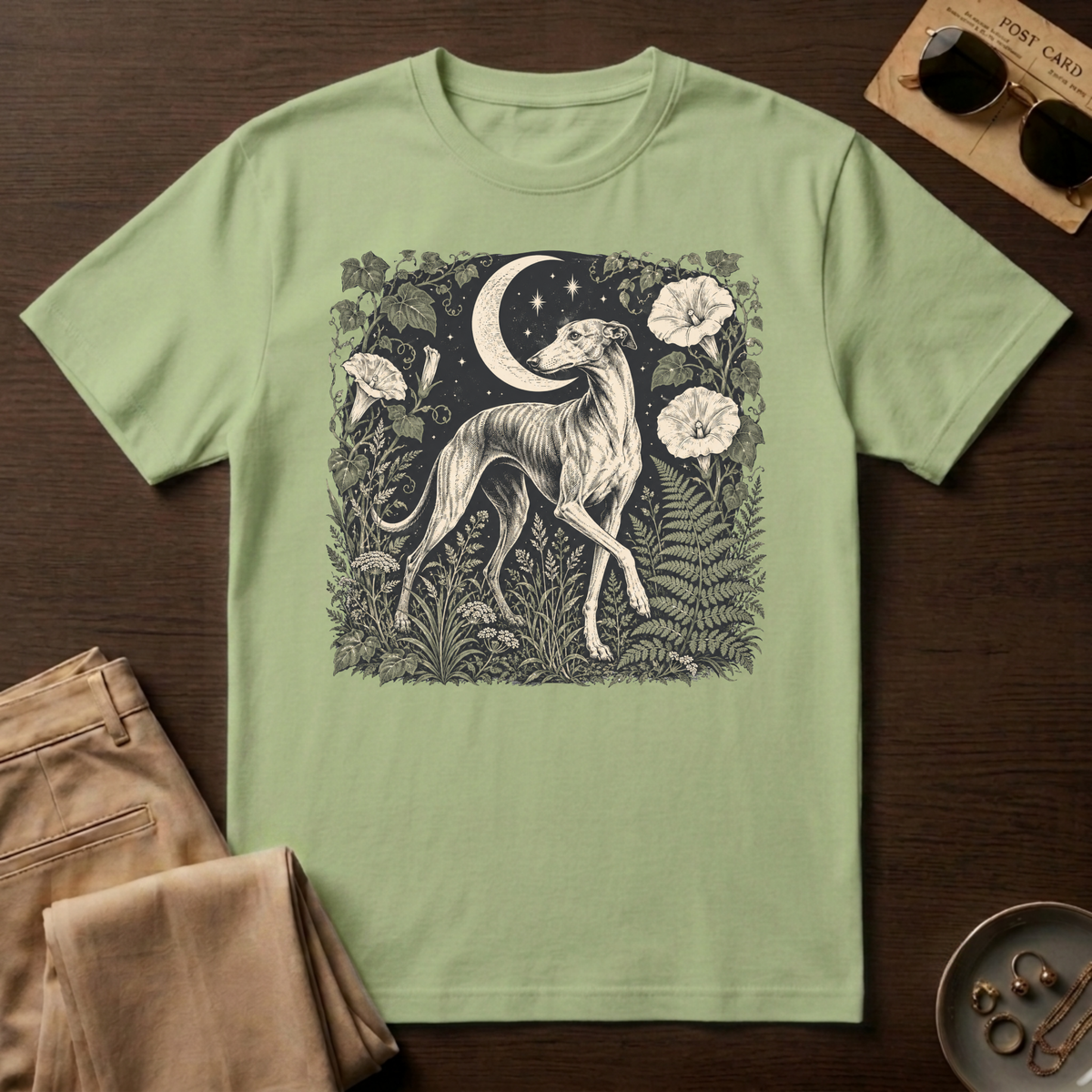 Greyhound Under Crescent Moon T-Shirt