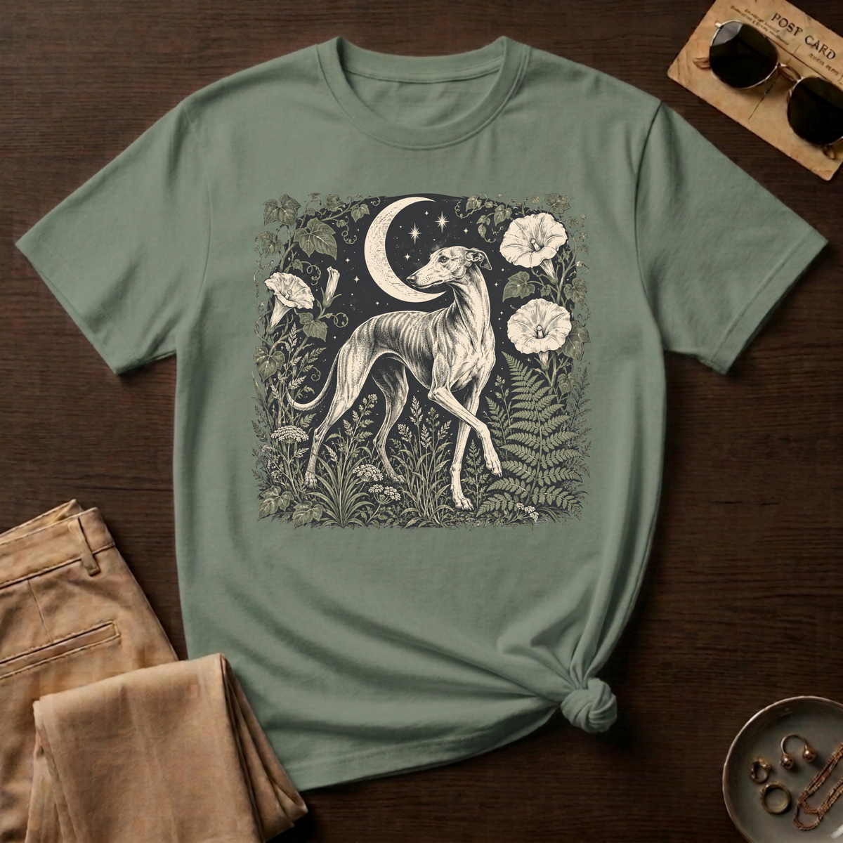 Greyhound Under Crescent Moon T-Shirt