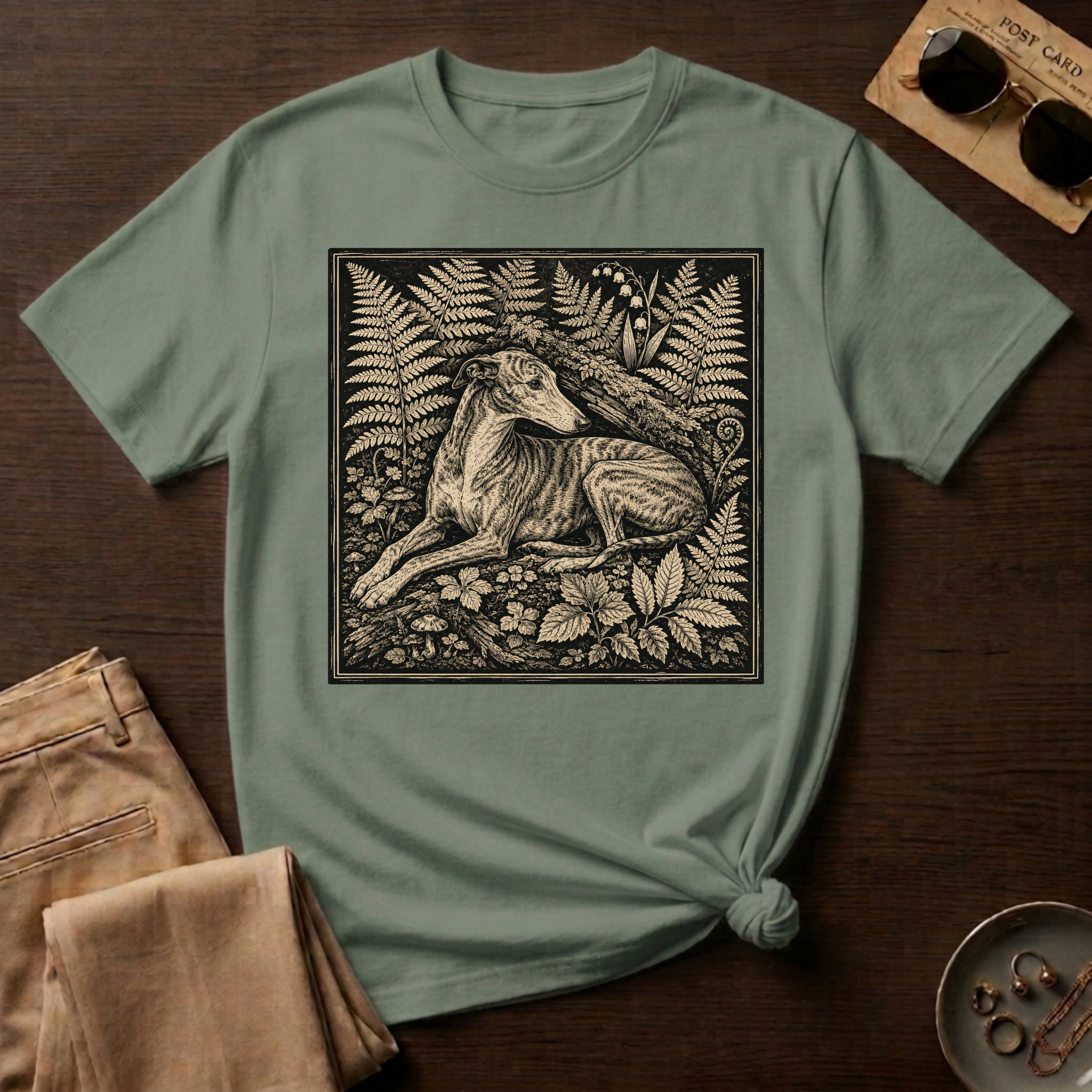 Greyhound Seated in Ferns T-Shirt