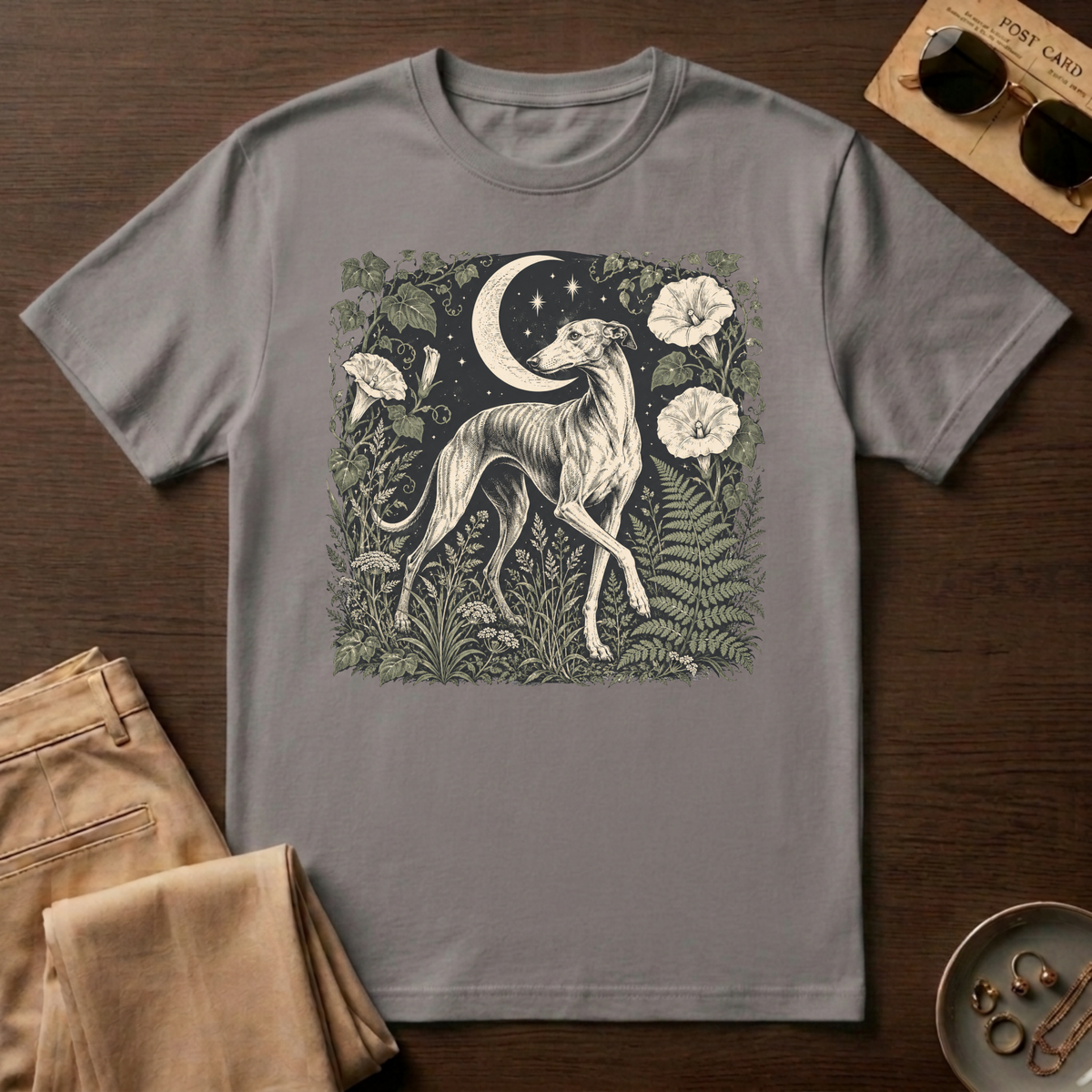 Greyhound Under Crescent Moon T-Shirt