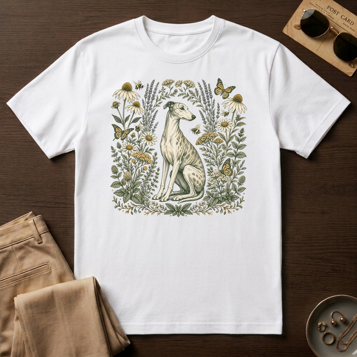 Greyhound Among Bees & Flowers T-Shirt