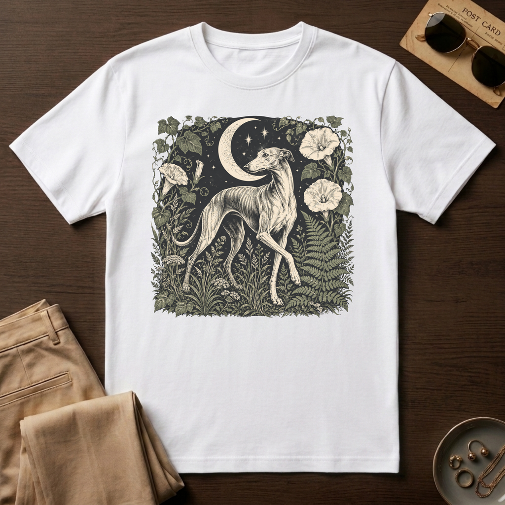 Greyhound Under Crescent Moon T-Shirt
